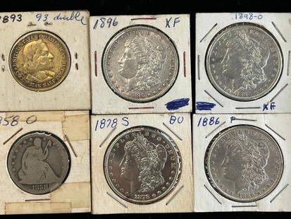 U.S. Morgan Silver Dollars and more: U.S. Morgan Silver Dollars, Seated Liberty Half and Columbian Exposition Half Dollar. 6 pieces.