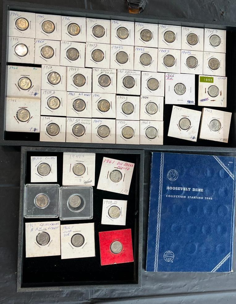 U.S. Silver Roosevelt Dimes etc: U.S. Silver and clad Roosevelt Dimes. Approx. 53 silver and 8 clad. 61 pieces total.