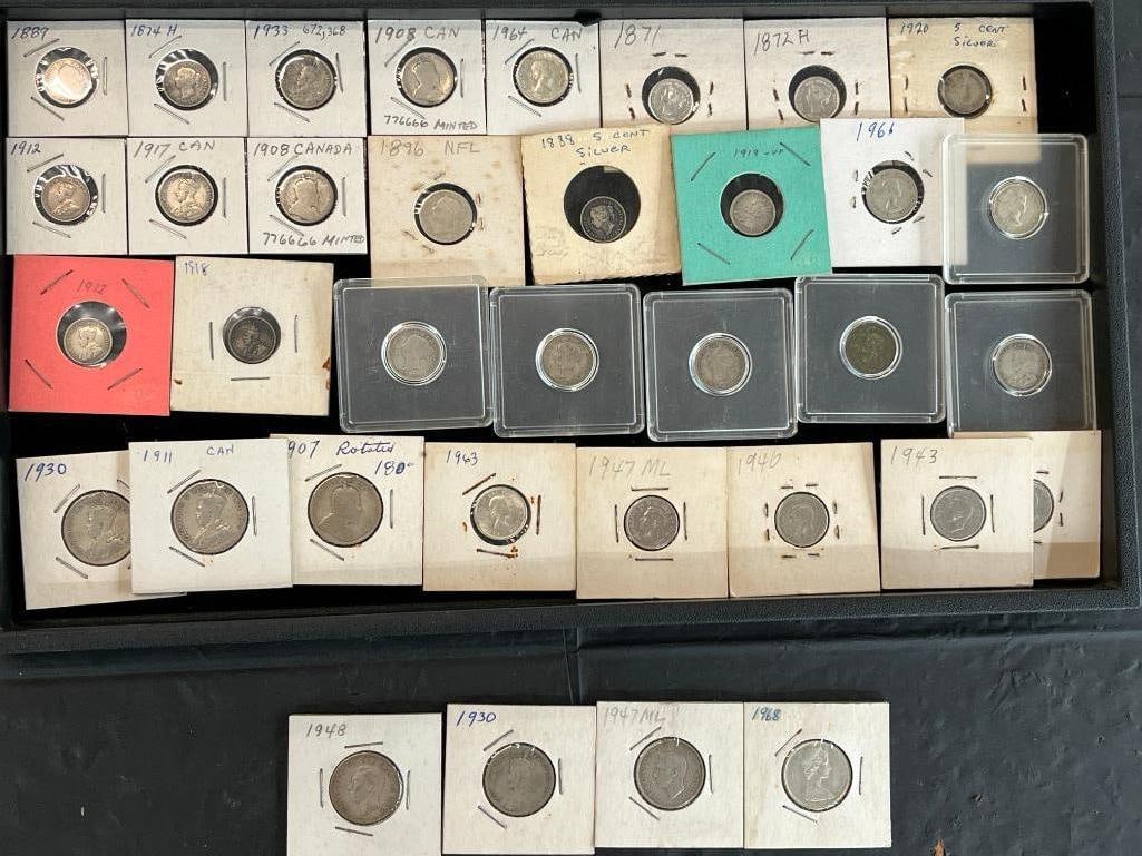 Canada Silver Coins: Canada Silver Coins including Nickels, Dimes and Quarters. Approx. 35 pieces.