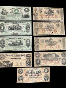 South Carolina Railroad Company Notes and more: South Carolina Railroad Company Notes, Bank of the State of South Carolina, Bank of Cape Fear North Carolina 5 Dollar note and more. 9 pieces.