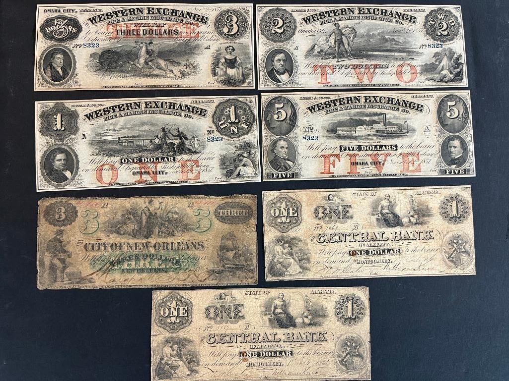 Western Exchange Ins Co Dollars, Central Bank Of Alabama etc: Western Exchange Fire & Marine Insurance Co One, Two and Three Dollar notes, Central Bank Of Alabama One Dollar, City of New Orleans Three Dollars etc. 7 pieces total.
