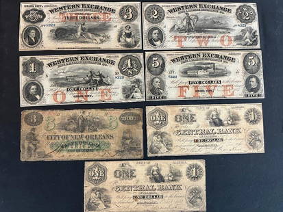 Western Exchange Ins Co Dollars, Central Bank Of Alabama etc: Western Exchange Fire & Marine Insurance Co One, Two and Three Dollar notes, Central Bank Of Alabama One Dollar, City of New Orleans Three Dollars etc. 7 pieces total.