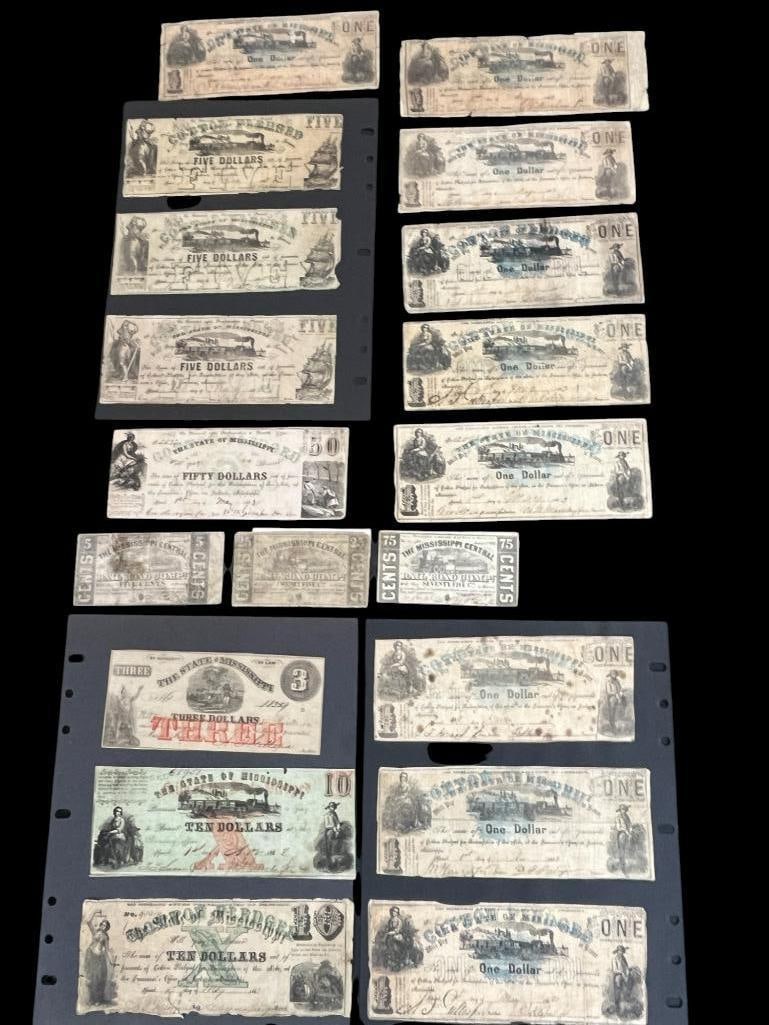 Mississippi Cotton Pledged One Dollar Notes and more: Mississippi Cotton Pledged One Dollar Notes, State of Mississippi 3, 10 and 50 Dollar Notes, Mississippi Central Railroad Company Notes, and more. 19 pieces total