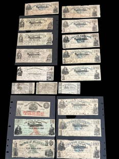 Mississippi Cotton Pledged One Dollar Notes and more: Mississippi Cotton Pledged One Dollar Notes, State of Mississippi 3, 10 and 50 Dollar Notes, Mississippi Central Railroad Company Notes, and more. 19 pieces total