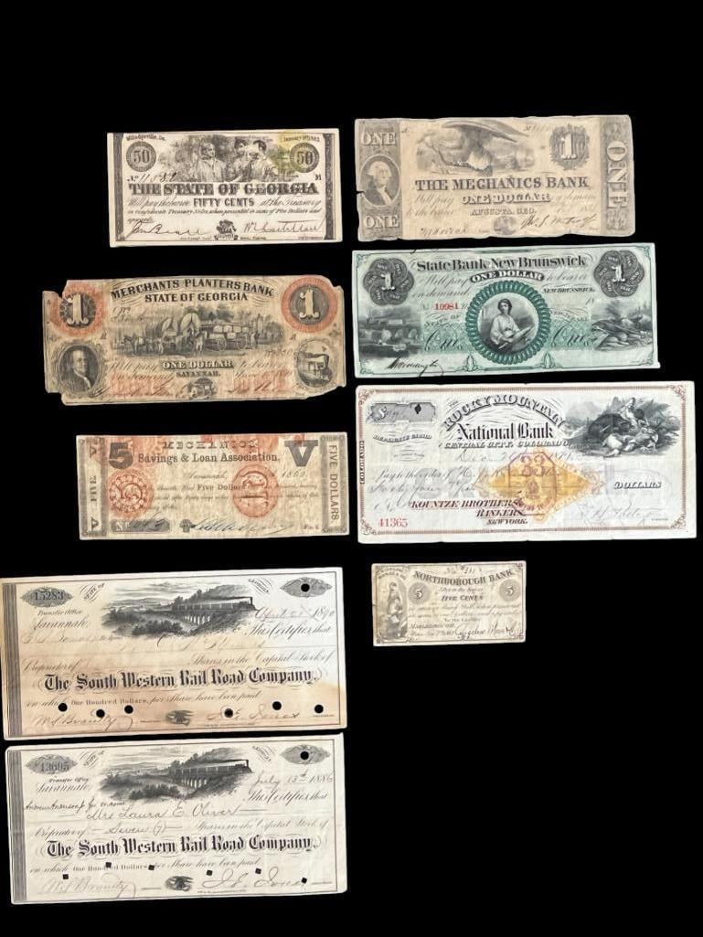 Georgia, Colorado, New Brunswick Bank Notes and more: Georgia, Colorado, New Brunswick Bank Notes and more. 9 pieces total.