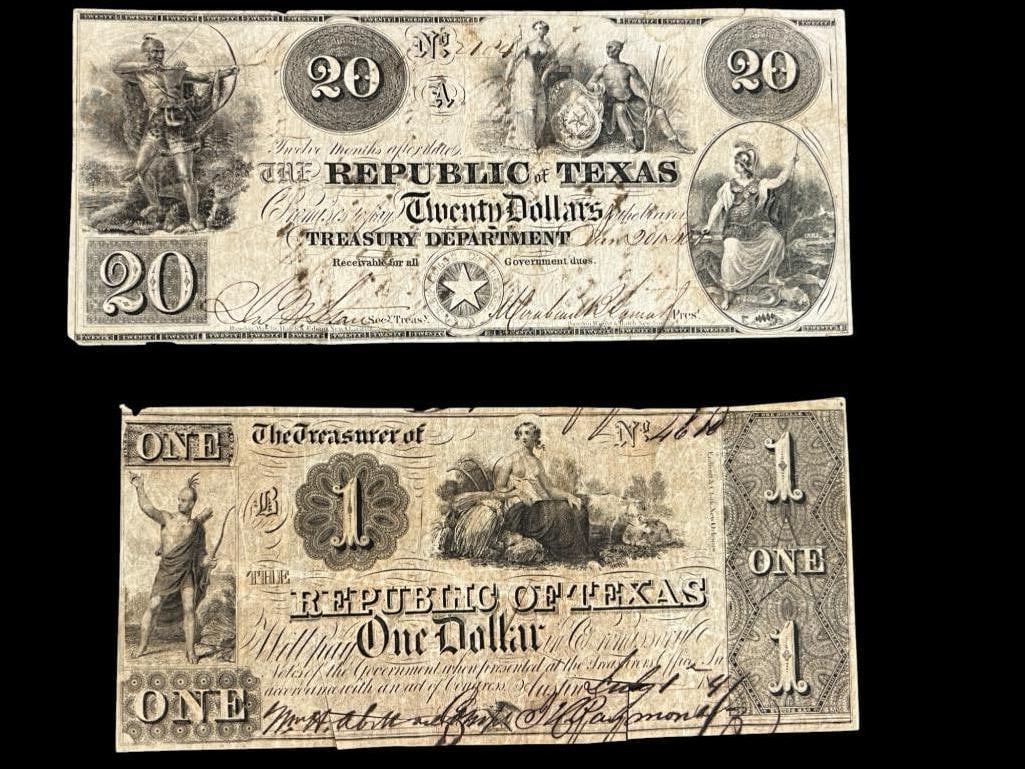 Republic of Texas 1 and 20 Dollar Notes: Republic of Texas 1 and 20 Dollar Notes / currency. 2 pieces.