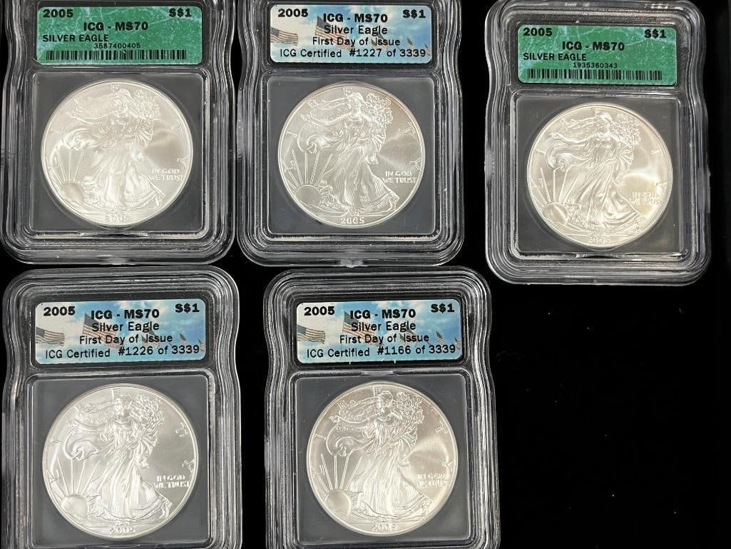 5 ICG Graded MS70 U.S. Silver Eagles: 5 ICG Graded MS70 U.S. Silver Eagles