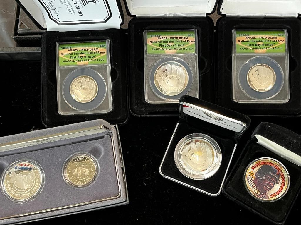 ANACS PR70 Baseball Hall of Fame Coins and more: ANACS PR70 Baseball Hall of Fame Coins, Barry Bonds Colorized Silver Eagle, Mount Rushmore Coin set etc. 6 pieces.