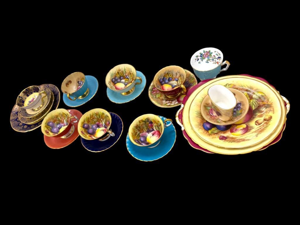 Aynsley and Paragon Cups, Saucers, Plates etc: Aynsley Orchard Fruit Cups, Saucers, Plates and more. Paragon Cobalt Blue and Fruit cup, saucer and 2 plates, largest 8.5 inches. Approx. 22 pieces total.