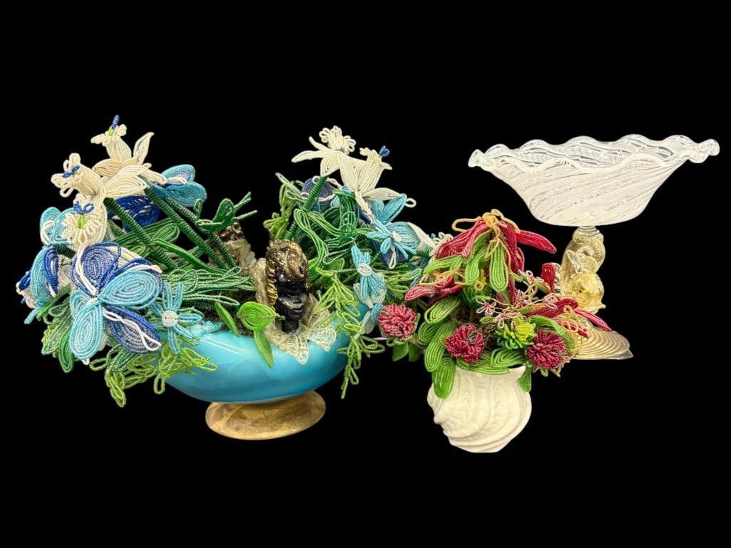 Venetian Glass Centerpiece, Compote and more: Venetian Glass Centerpiece with French Beaded Flowers, Venetian Compote with Fish Design and Belleek Planter with French Beaded Flowers. 3 pieces. Centerpiece approx. 12 x 12 x 10 inches.