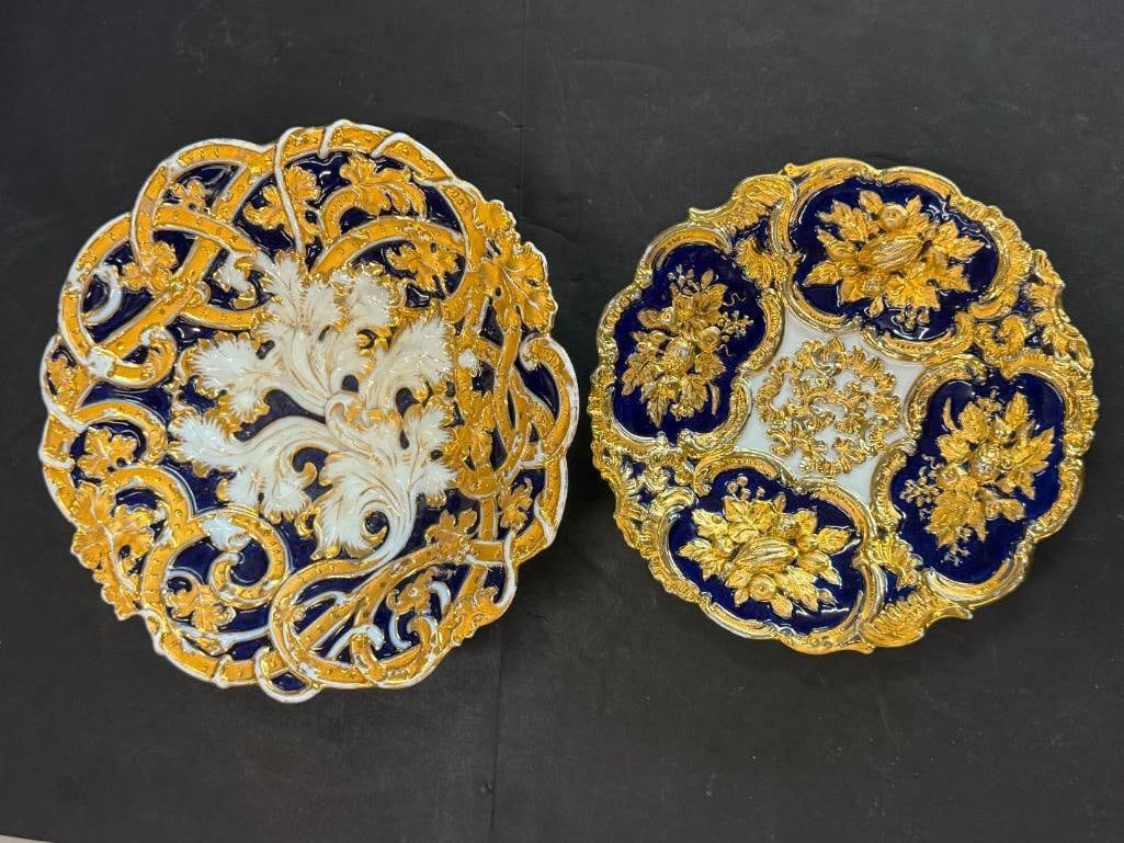 Meissen Porcelain Cobalt Blue and Gold Bowls: Meissen Porcelain Cobalt Blue and Gold Bowls. 2 pieces. Approx. 9 inches and 11.25 inches.