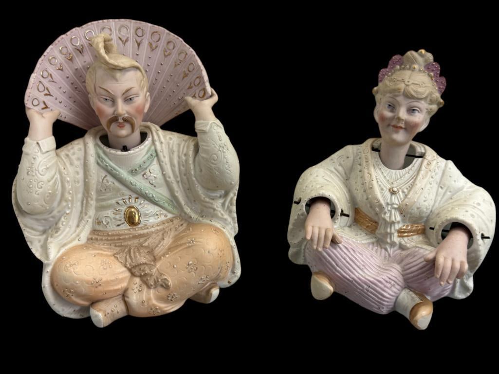 Chinoiserie Nodders and Bisque Statue of a Woman: Chinoiserie Nodders (possibly German) and Bisque Statue of a Woman. Statue approx. 15 x 6 x 6 inches.
