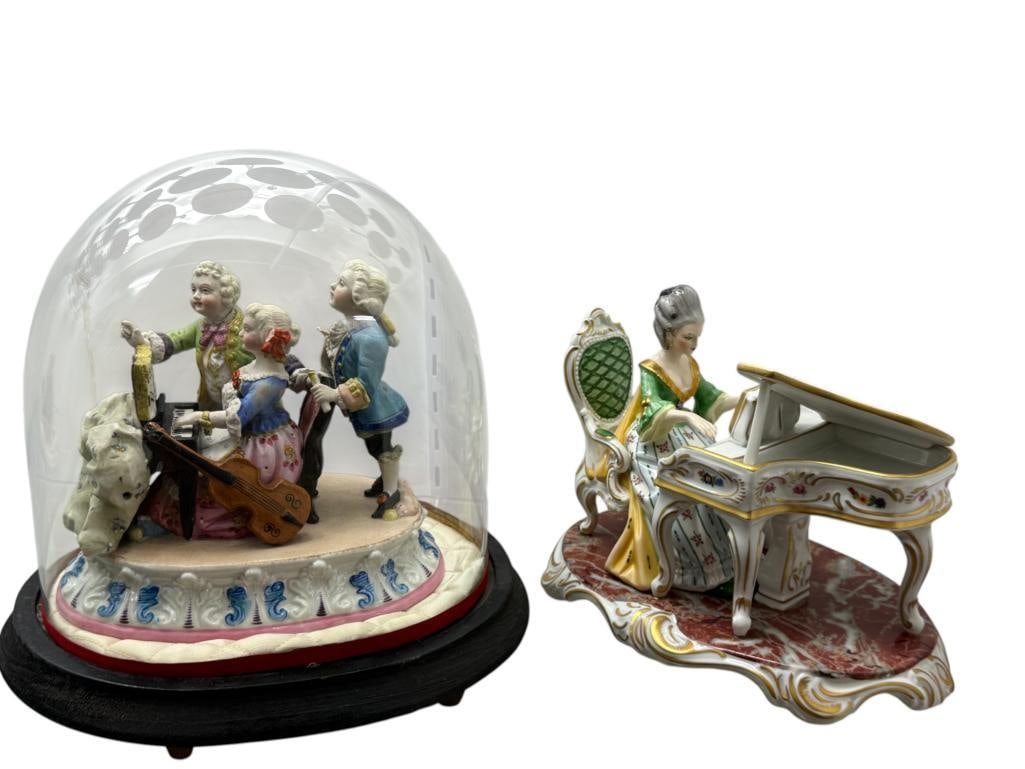 Dresden Figurines and Bisque under Glass: Dresden Figurines and Bisque under Glass. 3 pieces. Chess match approx. 7 x 9 x 6 inches.