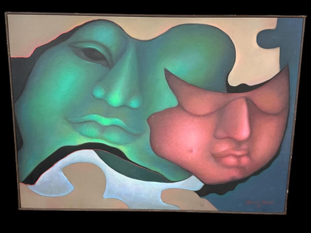 Cecilia Rojas Oil on Canvas: Cecilia Rojas '87 signed Oil on Canvas. Geografia Indigena. Approx. 33 x 48 inches.