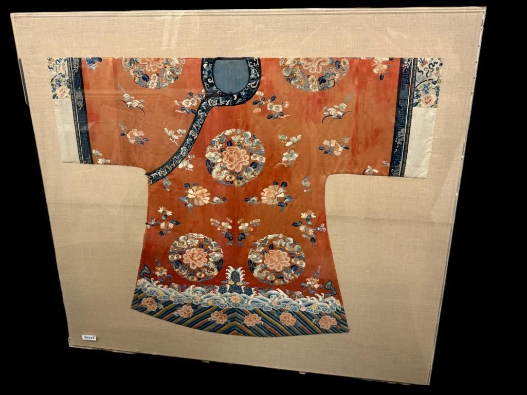 Chinese Mandarin Silk Embroidered Robe: Chinese Mandarin Silk Embroidered Robe mounted on canvas and sealed in Acrylic cover. Approx. Frame approx. 57.5 x 64 inches.
