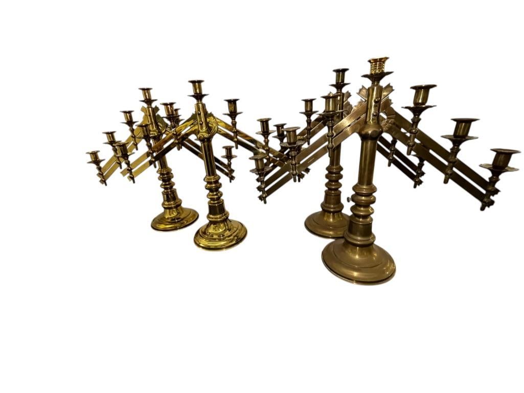 4 Antique Brass Church Candelabra: 4 Antique Brass Church Candelabra with moveable arms. Approx. 19 x 22 x 7 inches.