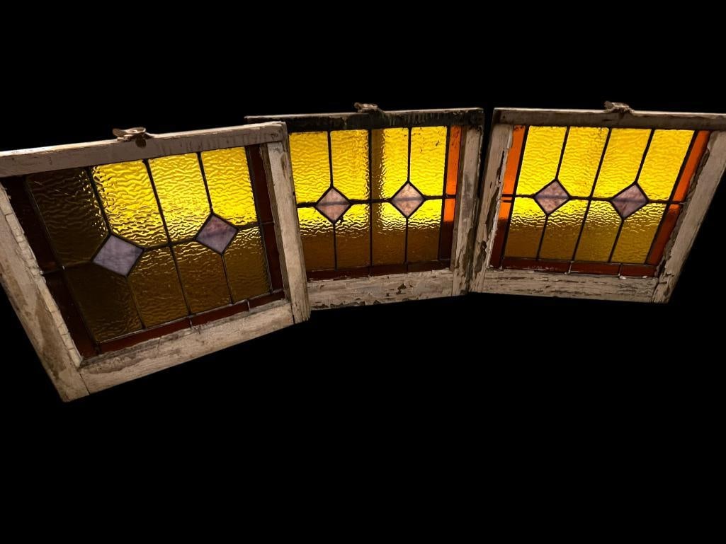 Three Leaded Glass Windows: Three Leaded Glass Windows. window approx. 15 x 17 inches. Frame approx. 19.5 x 21.5 inches.