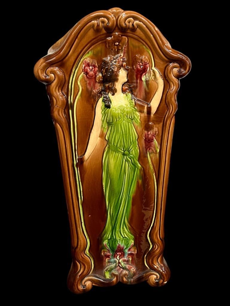 Art Nouveau Pottery Umbrella Stand: Art Nouveau Pottery Umbrella Stand. Approx. 26 x 13 x 10 inches.