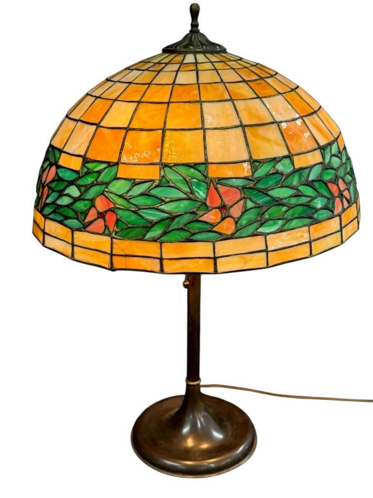 Leaded Glass Lamp with Floral Designs: Leaded Glass Lamp with Floral Designs. Approx. 22 x 16 x16 inches.