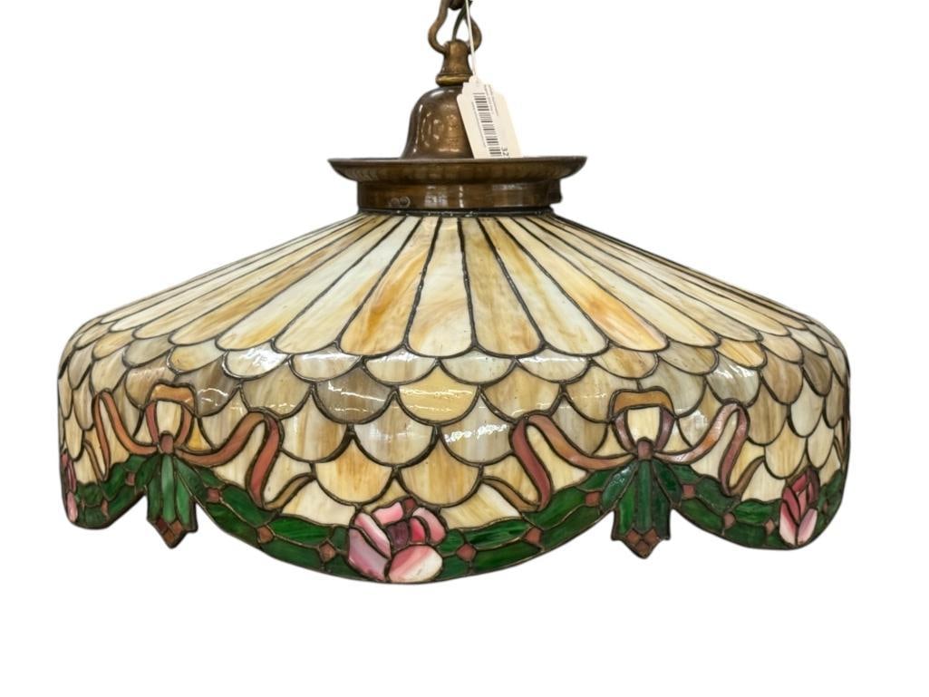 Leaded Glass Hanging Light Fixture: Leaded Glass Hanging Light Fixture with Rose and Bow Designs. Attributed to Duffner & Kimberly. 6 socket. Approx. 24 inch diameter.