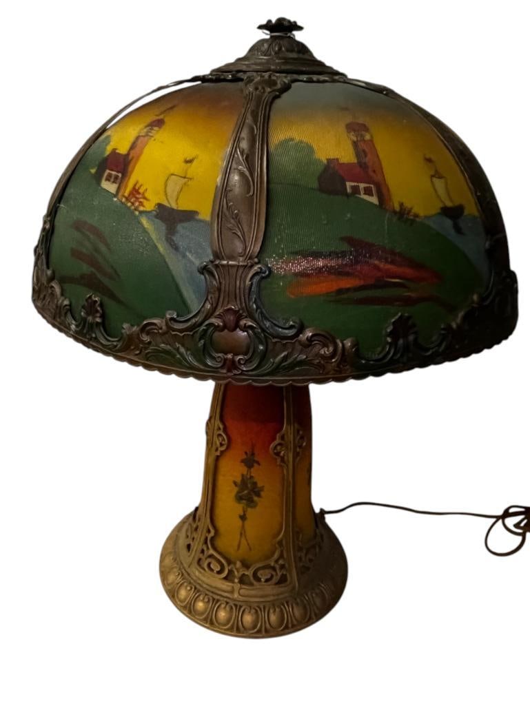 Nautical Scenes Reverse Painted Lamp: Nautical Scenes Reverse Painted Table Lamp. Approx. 22 x 18 x 18 inches.