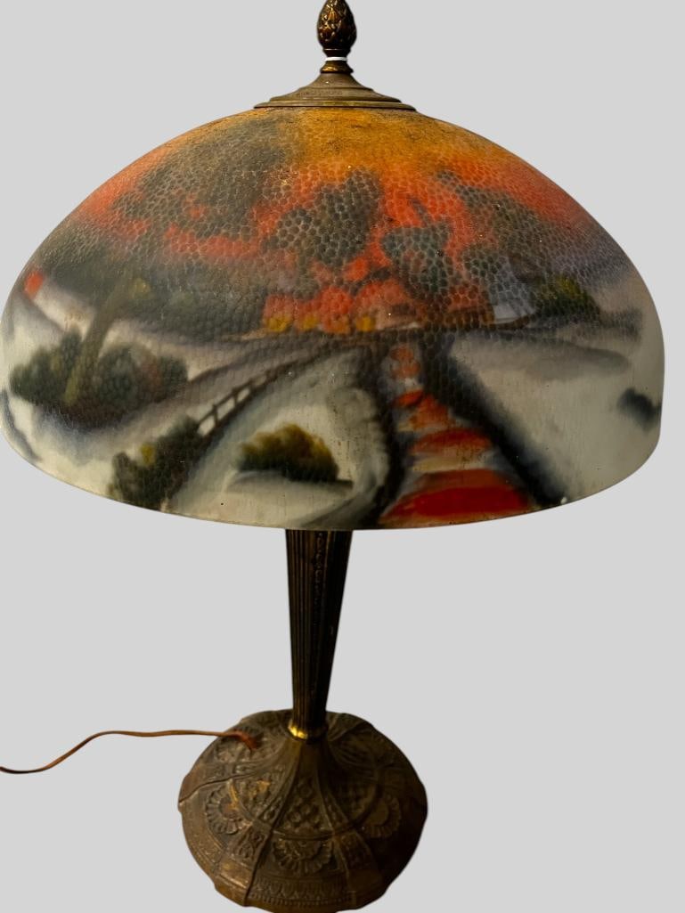 Winter Sunset Reverse Painted Lamp: Winter Sunset Reverse Painted Lamp. Approx. 24 x 16 x 16 inches.