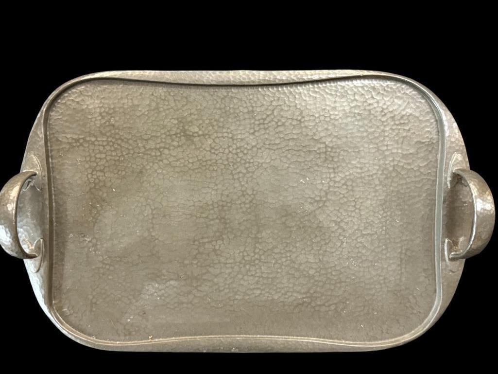 Archibald Knox Arts and Crafts Tudric Pewter Tray: Archibald Knox Arts and Crafts Hammered Tudric Pewter Handled Tray, possibly by Liberty & Co. Marked 043, Made in England. Approx. 19 x 11.5 inches.