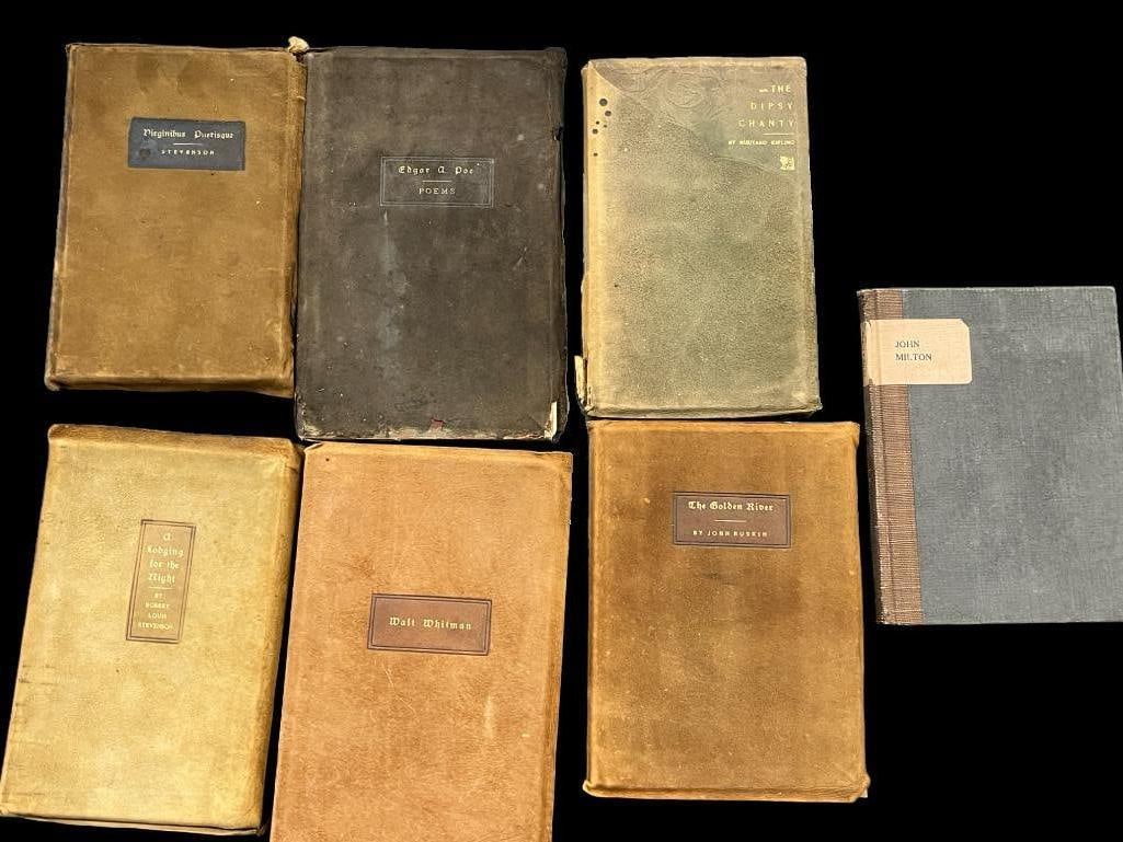 7 Roycroft Printed Books: 7 Roycroft Printed Books. Poems by Edgar Allan Poe 1901, The Golden River by John Ruskin, Journey to the Home of Walt Whitman and John Milton by Elbert Hubbard, A Lodging for the Night and Virginibus