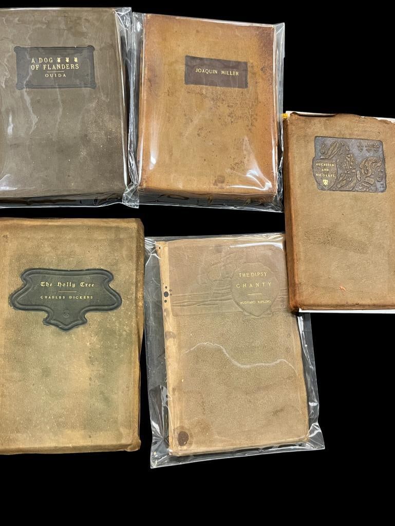 5 Roycroft Printed Books: 5 Roycroft Printed Books including The Holly Tree by Charles Dickens, Aucassin and Nicolete, A Dog of Flanders by Ouida, Joaquin Miller and the Dipsy Chanty by Rudyard Kipling.