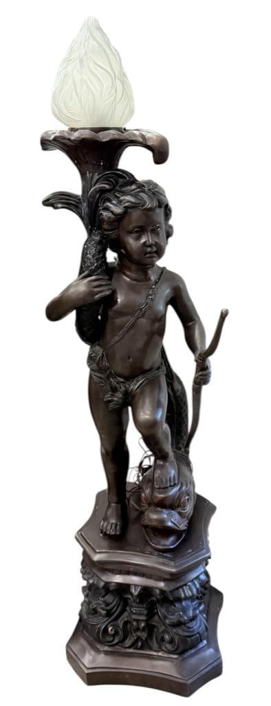 Moreau signed Bronze Cherub Torchiere: Large Moreau signed Bronze Cherub Torchiere. Approx. 64 x 20 x 20 inches. Local Pickup or 3rd Party Shipping Only.