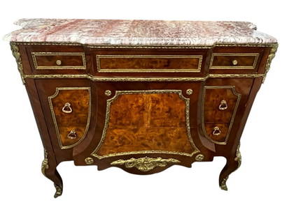 Louis XVI style Cabinet with Marble top: Louis XVI style Walnut and Burl Cabinet with Bronze mounts and Marble top. Approx. 36 x 52 x 20 inches.