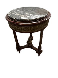 Louis XVI style Mahogany Marble top table: Louis XVI style Mahogany Marble top table and Bronze Ormolu Gueridon. Approx. 30 x 21 x 21 inches.