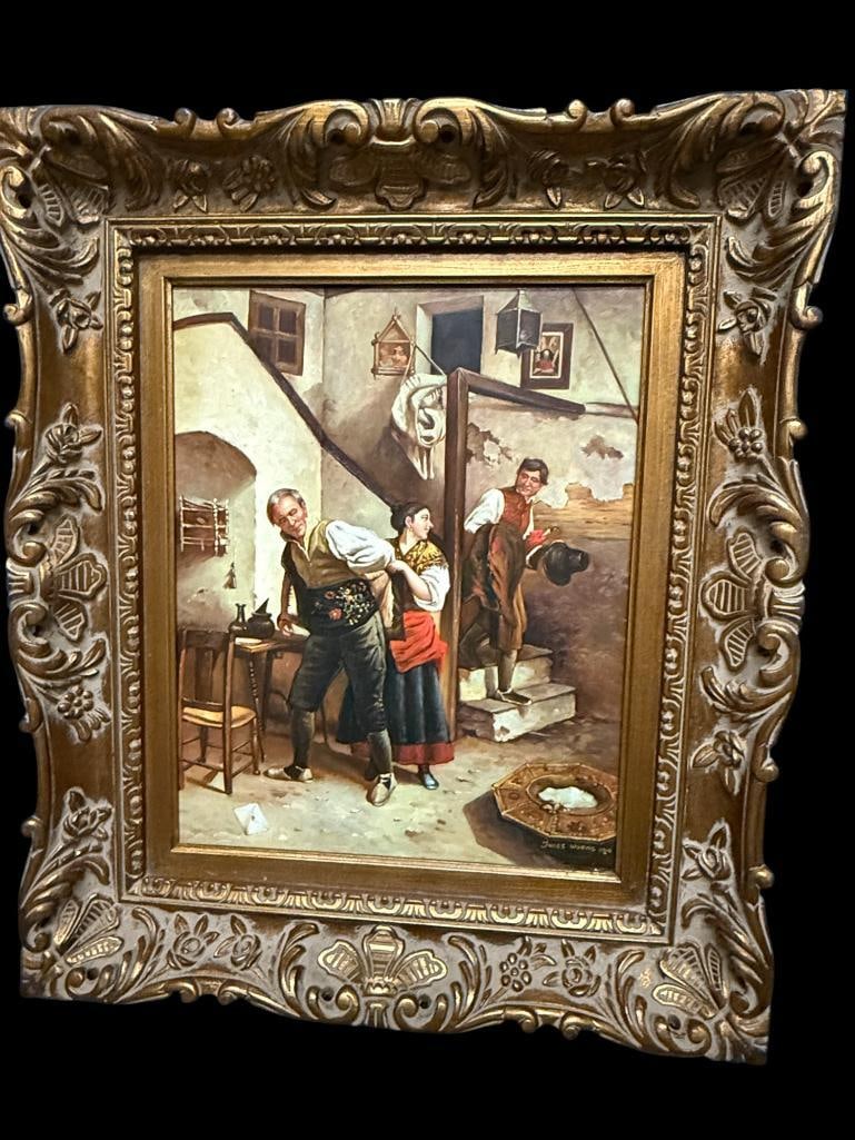 Jules Worms 1910 signed oil on board: Jules Worms 1910 signed oil on board. Sortie du maitre. Approx. 15 x 19 inches. Frame approx. 24 x 29 inches.
