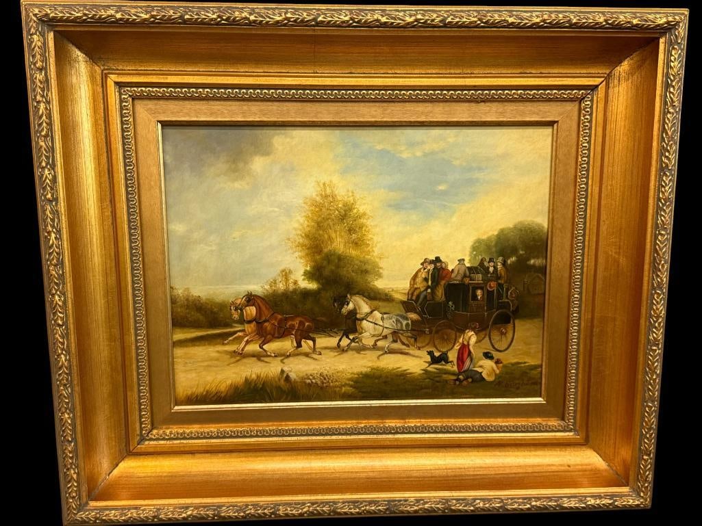 N. Bingham signed Oil on Board: N. Bingham signed Oil on Board. Horse drawn coach. Approx. 11.5 x 15 inches. Frame approx. 20 x 24 inches.