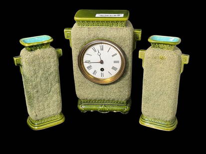 Edwardian Lear Pottery Clock Garniture set: Edwardian Lear Pottery Clock Garniture set, white enamel dial with Roman Numerals ina sand pottery finish. Clock approx. 10.5 x 8 x 4.5 inches.