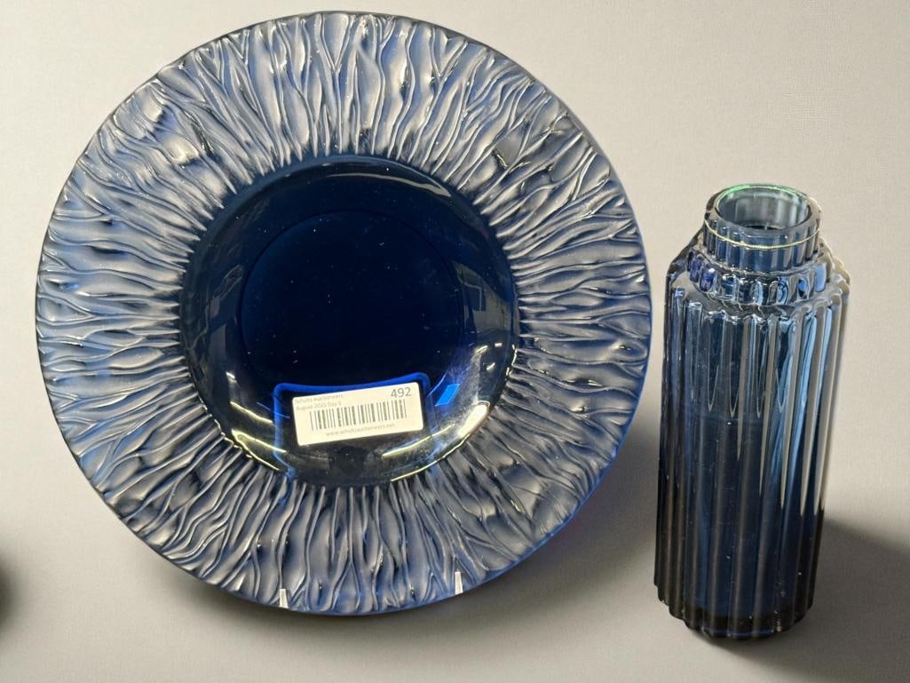 Lalique Cobalt Blue Plate and Vase: Lalique Cobalt Blue Plate and Vase. Plate approx. 12.5 inches.
