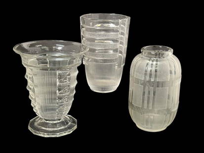 3 Art Deco Glass Vases: 3 Art Deco Glass Vases. Largest Approx. 8 x 6.5 x 6.5 inches.