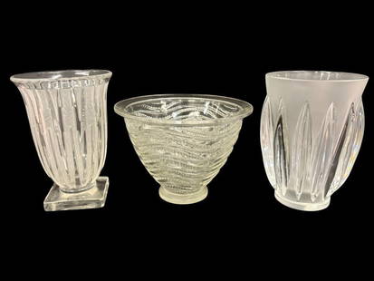 3 Vases including Lalique: Lalique Mosaic and Courcheval Vases with unnamed Frosted Vase. 3 pieces. Courcheval approx. 8 x 5.5 x 5.5 inches.