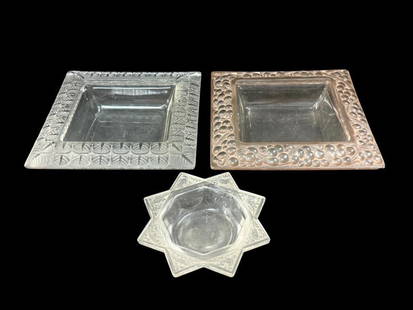 Lalique Bowls and Ashtray: Lalique Bowls and Ashtray including Coupe Carree Thomery bowl, Charme Bowl and Fauvettes Ashtray. Charme approx. 9.5 x 9.5 inches.