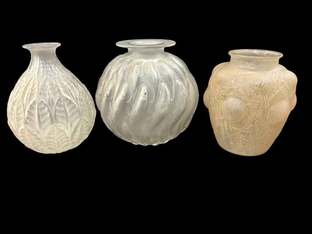 3 R. Lalique Vases: 3 R. Lalique Vases including Malesherbes, Domremy and Marisa.