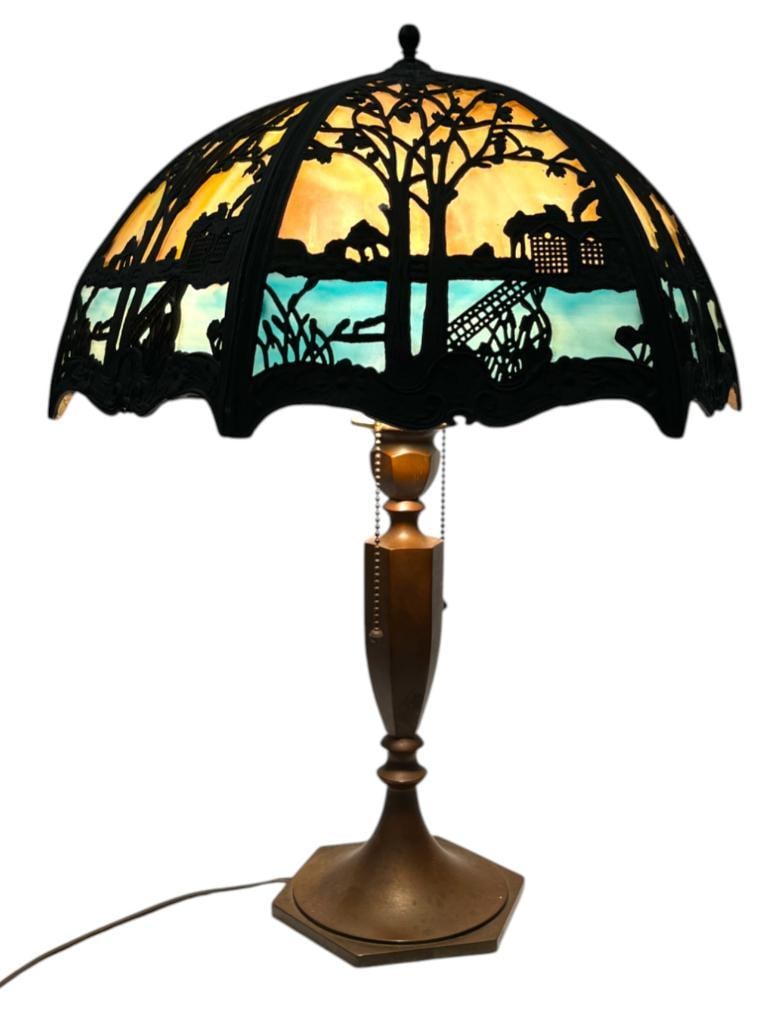 6 Panel Slag Glass Lamp with Metal Overlay