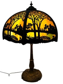 6 Panel Slag Glass Lamp with Metal Overlay