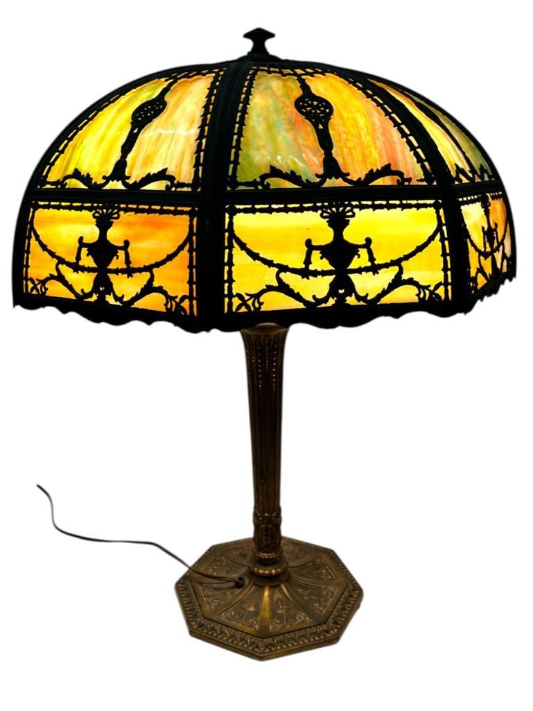 8 Panel Slag Glass Lamp with Metal Overlay (1 of 9)