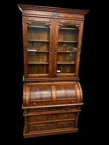 Victorian Walnut and Burl Cylinder Roll Top Desk