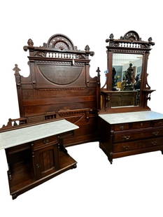 Victorian Walnut and Marble Bedroom Set: Victorian Walnut and Marble Bedroom Set. 3 pieces. Headboard approx. 84 x 59 inches.