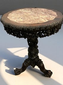 Chinese Teak and Marble Table with Carved Dragon