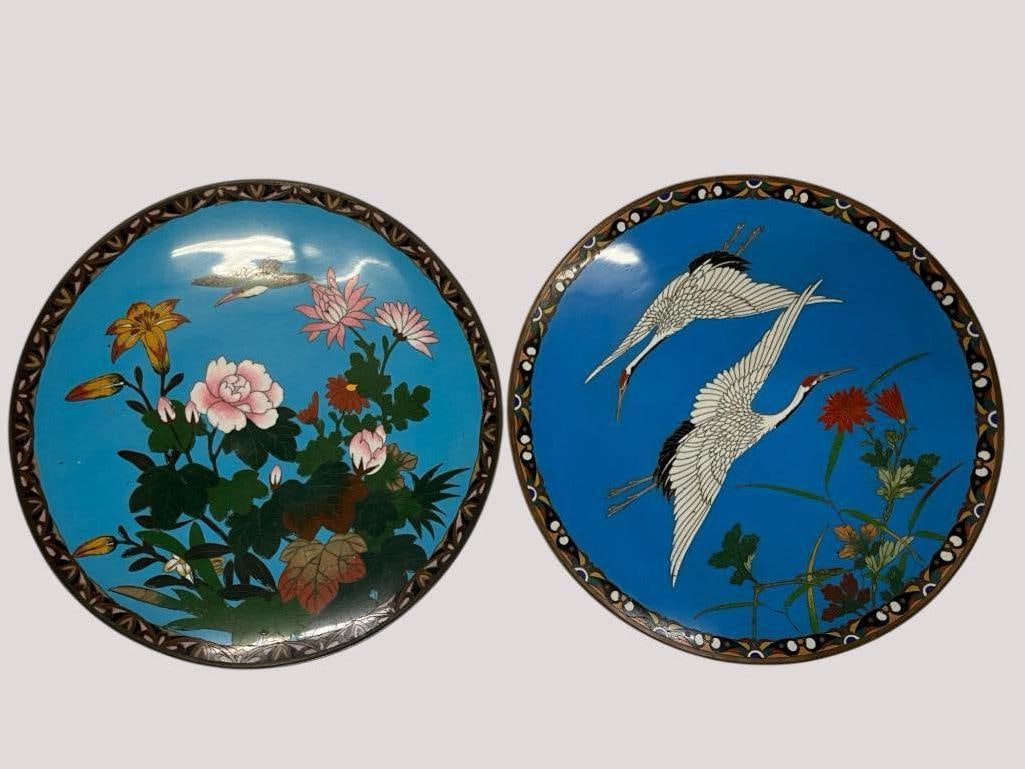 2 Cloisonne Plates with Birds: 2 Cloisonne Plates with Birds. Approx. 12 inches.