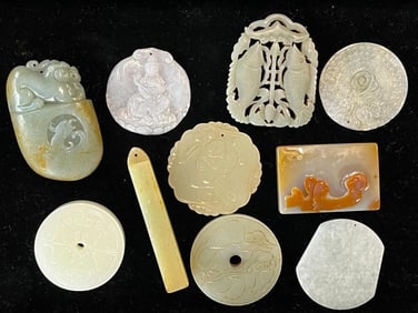 10 Carved Jade / Stone Pendants etc