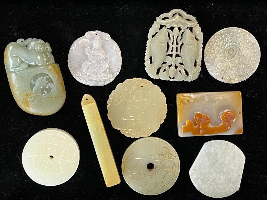 10 Carved Jade / Stone Pendants etc (1 of 3)