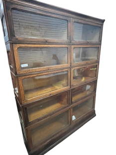 Oak Double Barrister Bookcase: Oak Double 5 Stack Barrister Bookcase. Approx. 80 high x 62 wide x 15 deep, inches.